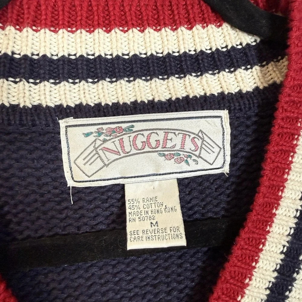 Vintage Varsity Sweater‎ Womens Medium Nuggets V Neck Navy Blue Cotton Pullover